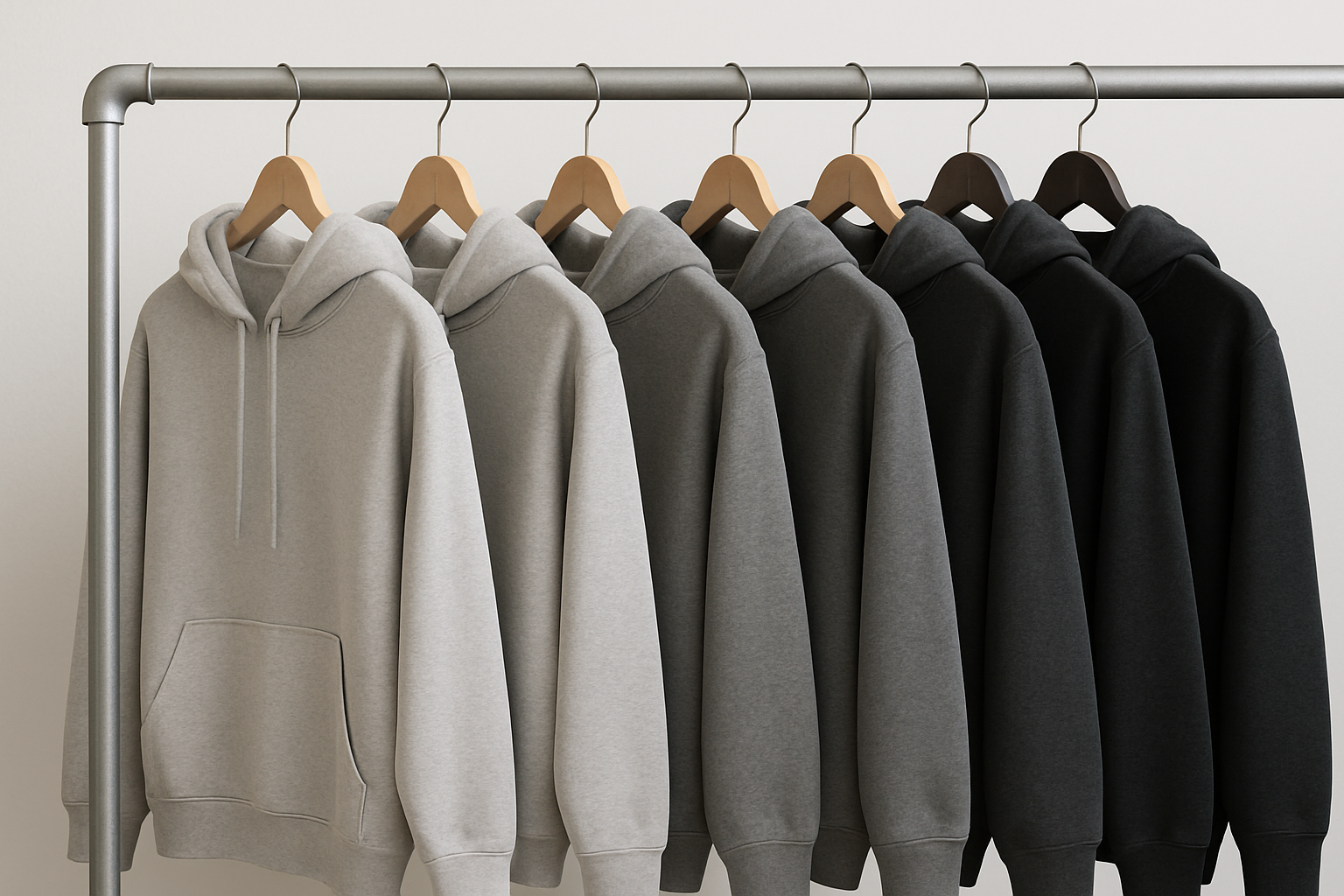 pon hoddies en un colgador, Escoge tonos de grises que se vea uniforme