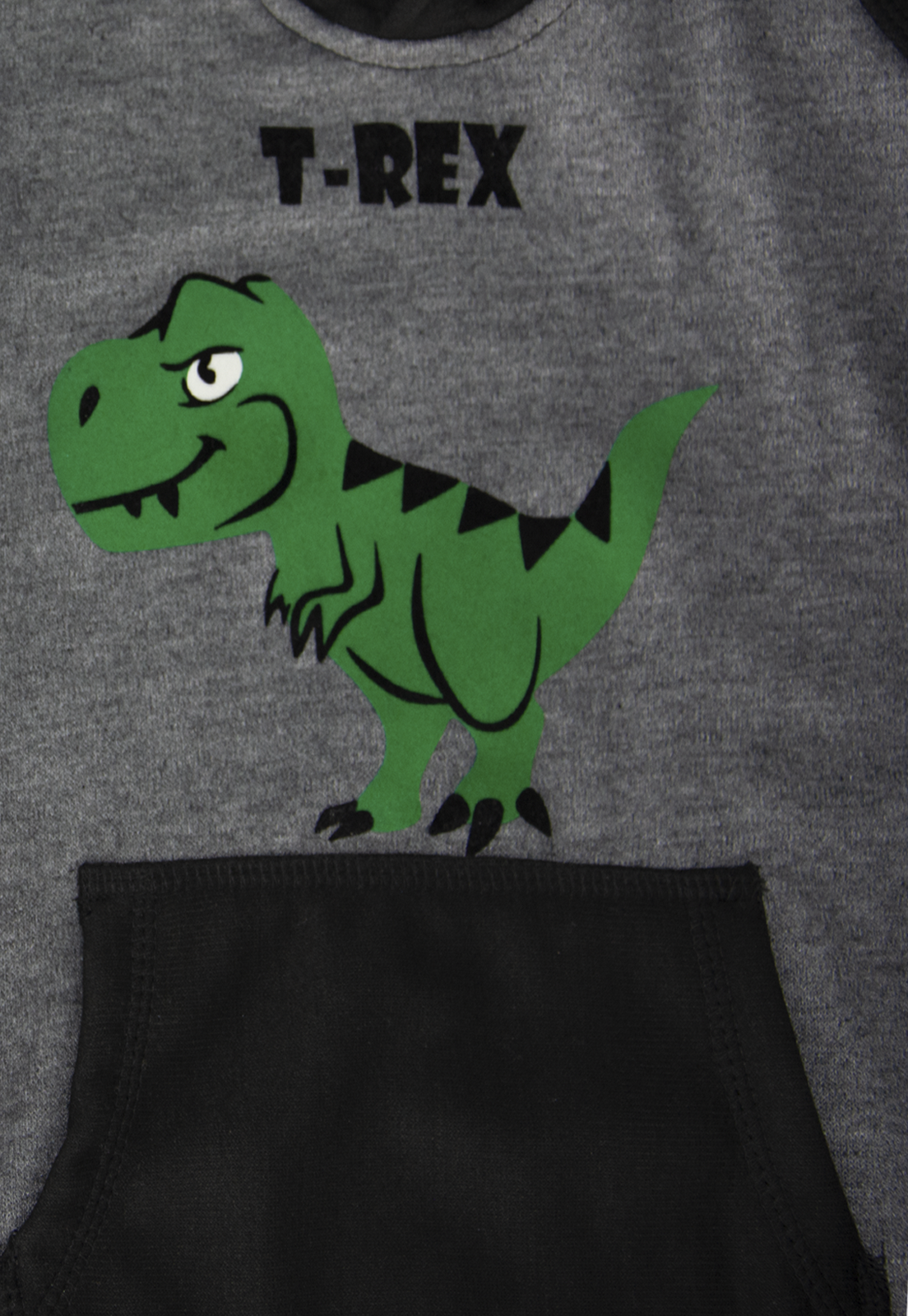 Detalle en estampado del buzo hoodie negro y gris estampado con  un tiranoasaurio rex