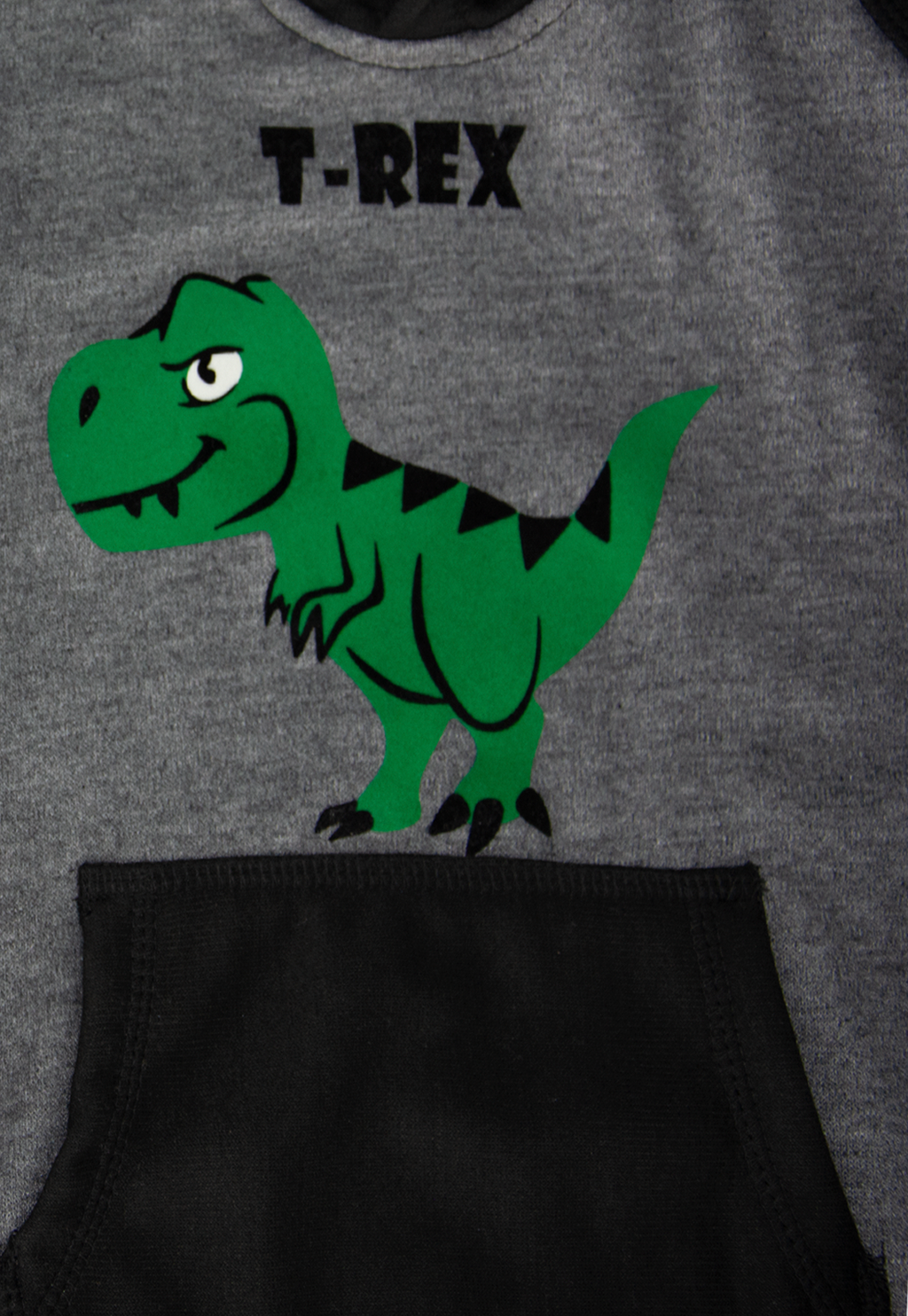 Detalle en estampado del buzo hoodie negro y gris estampado con  un tiranoasaurio rex