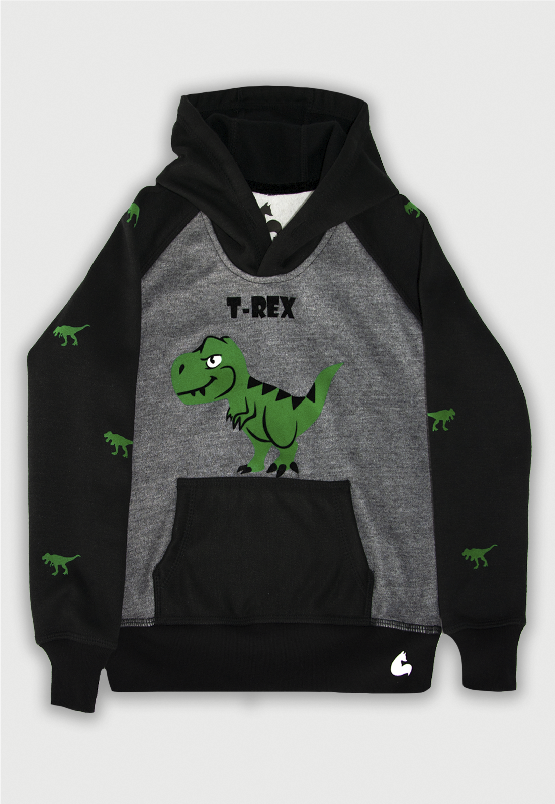 Buzo hoodie negro y gris estampado con  un tiranoasaurio rex