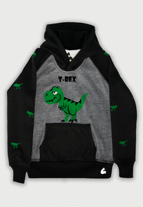 Buzo hoodie negro y gris estampado con  un tiranoasaurio rex
