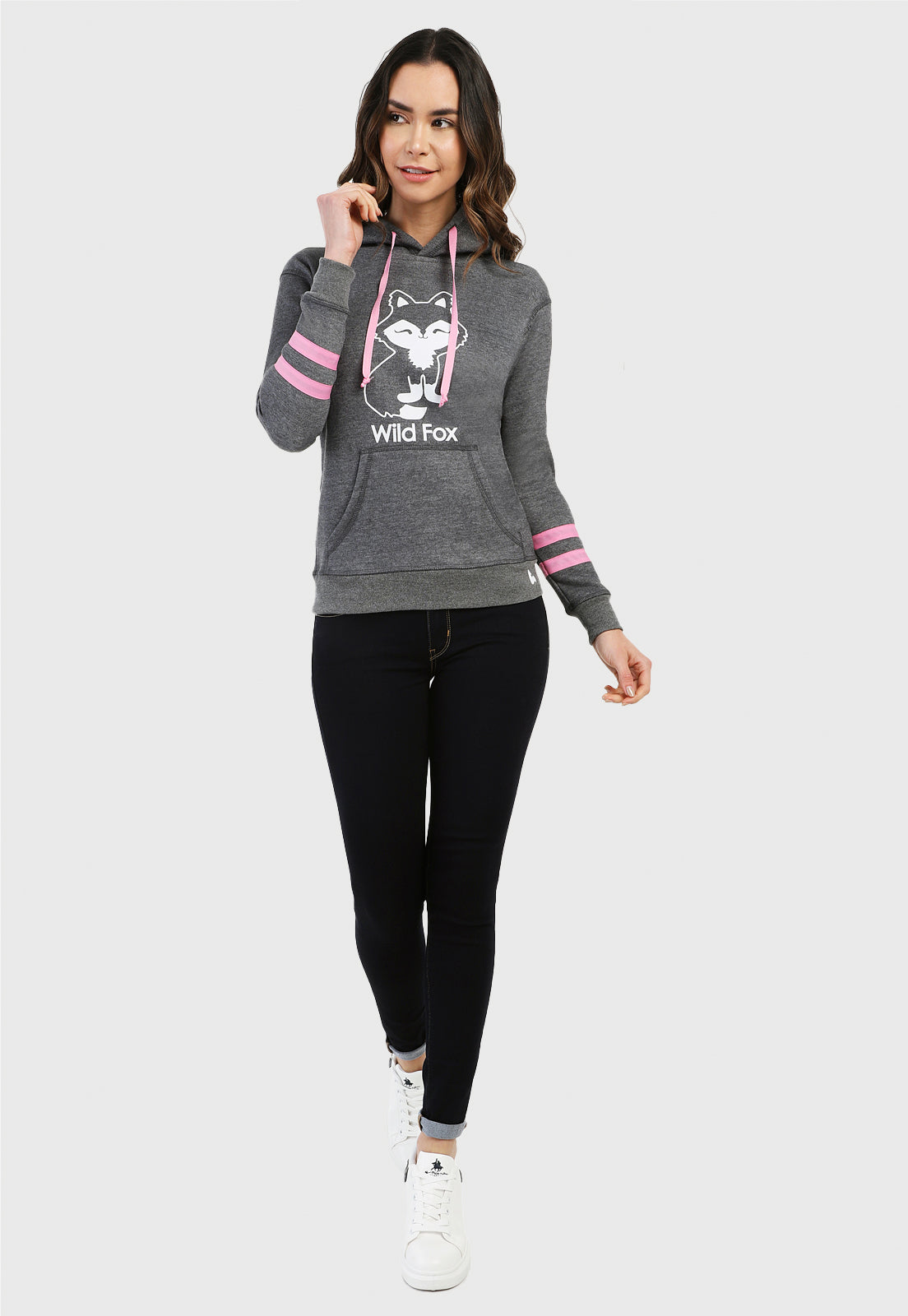 Buzo Hoodie para Mujer Gris con franjas rosa | Zorro Blanco