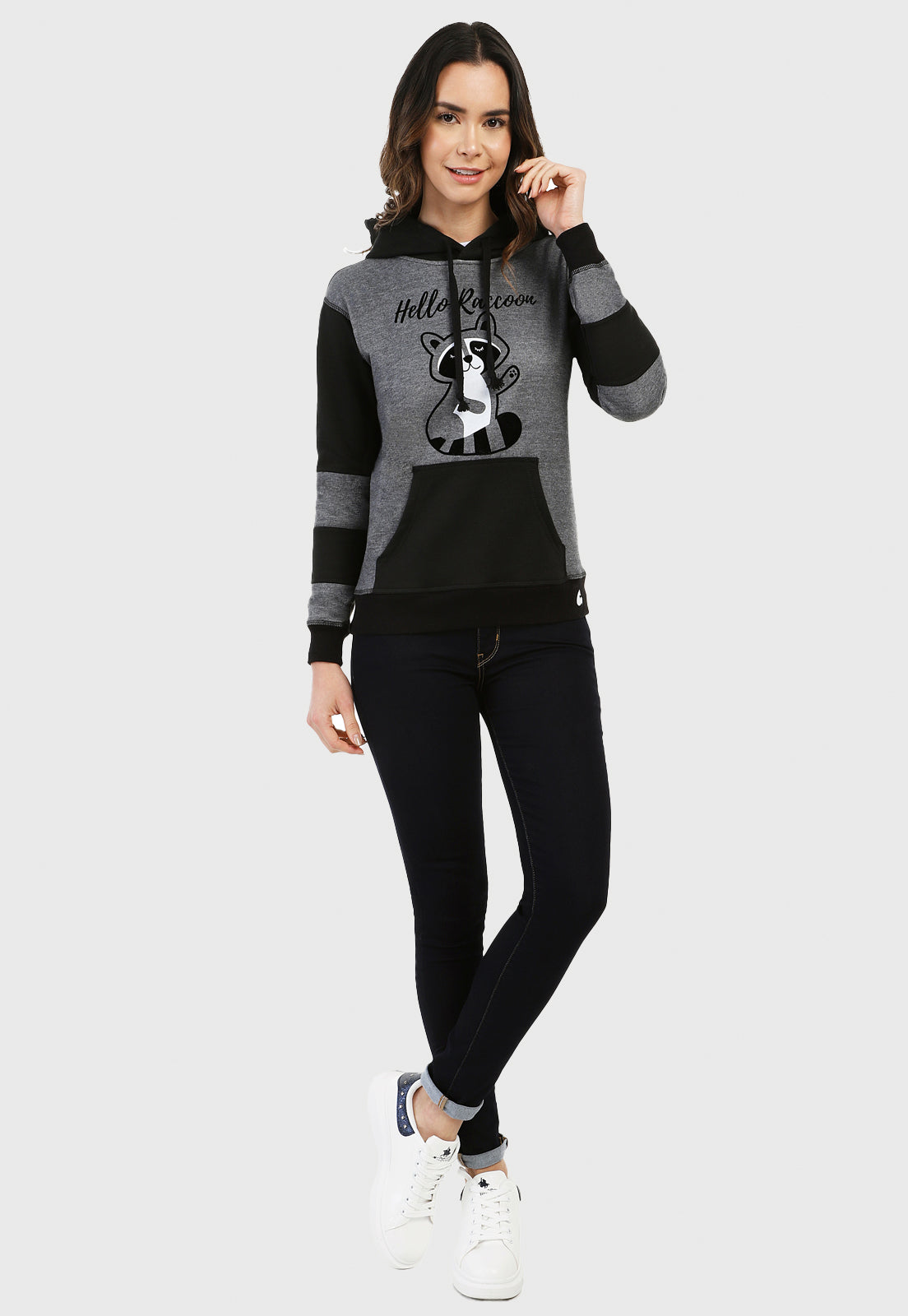 Buzo Hoodie para Mujer Gris y Negro en algodón perchado | Mapache