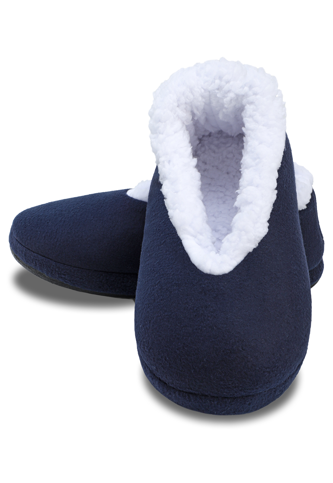 VISTA FRONTAL DE PANTUFLAS AZULES CON PELUCHE EN EL INTERIOR