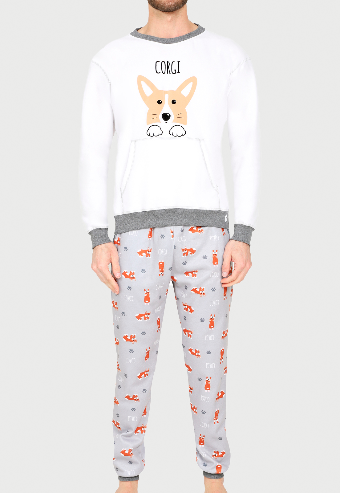 Pijama termica Hombre Blanca Gris | Corgi | En Fleece y Dulceabrigo |