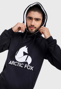 Detalle del buzo hoodie en hombre adulto vistiendo la sudadera para hombre conjunto buzo azul con pantalón de sudadera gris jaspe Arctic Fox.