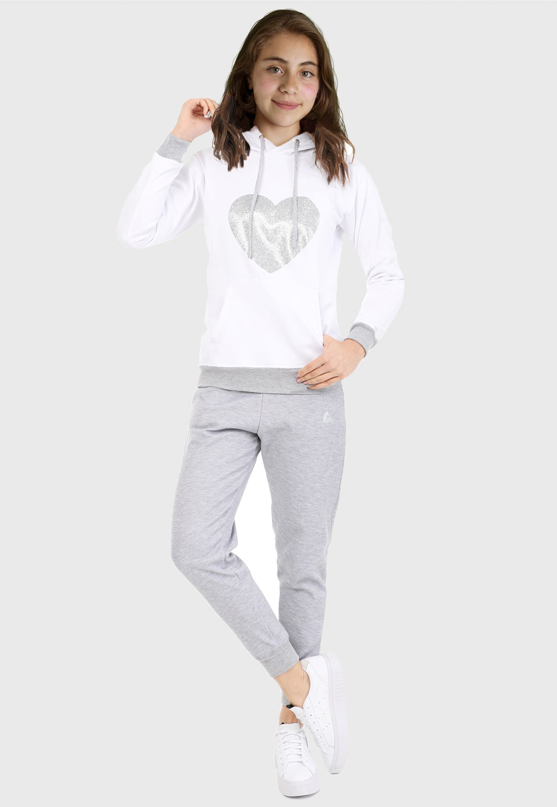 Sudadera para Niña Hoodie Blanca y Gris | Corazón Brillante