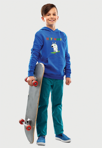busos de capota para niños azules con estampado de  un perrito en patineta 
