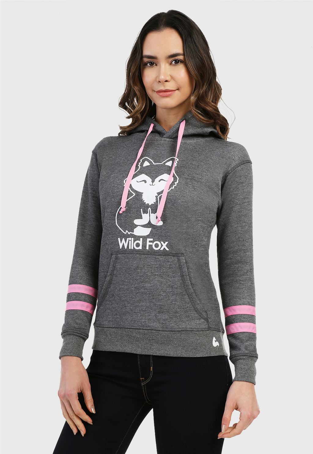 Buzo Hoodie para Mujer Gris con franjas rosa | Zorro Blanco
