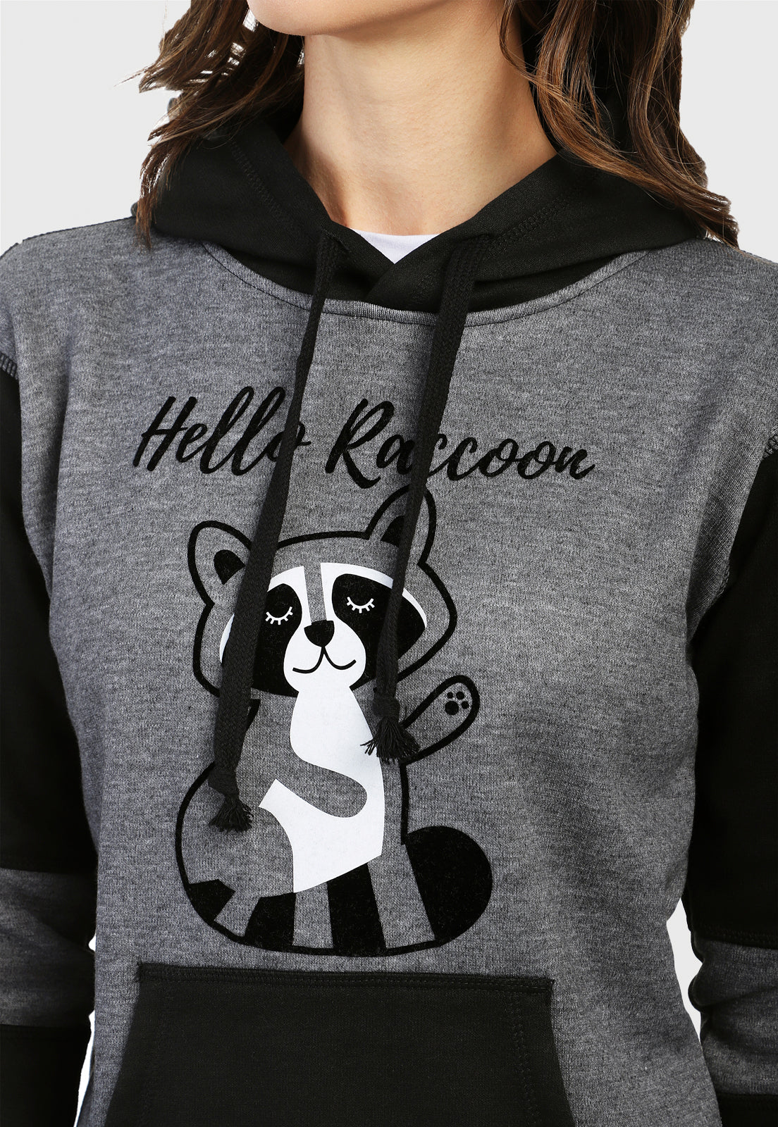 Buzo Hoodie para Mujer Gris y Negro en algodón perchado | Mapache