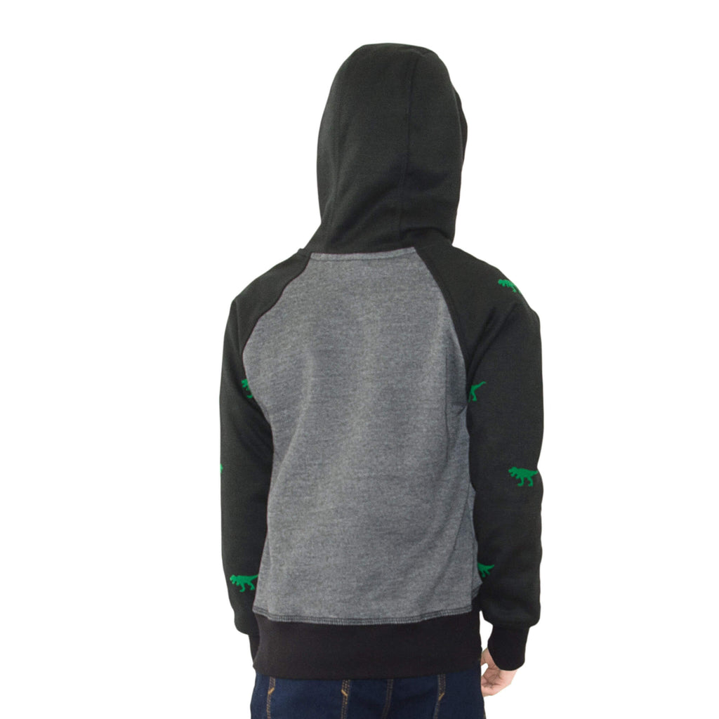 Niño de espalda usando el buzo hoodie negro y gris estampado con  un tiranoasaurio rex