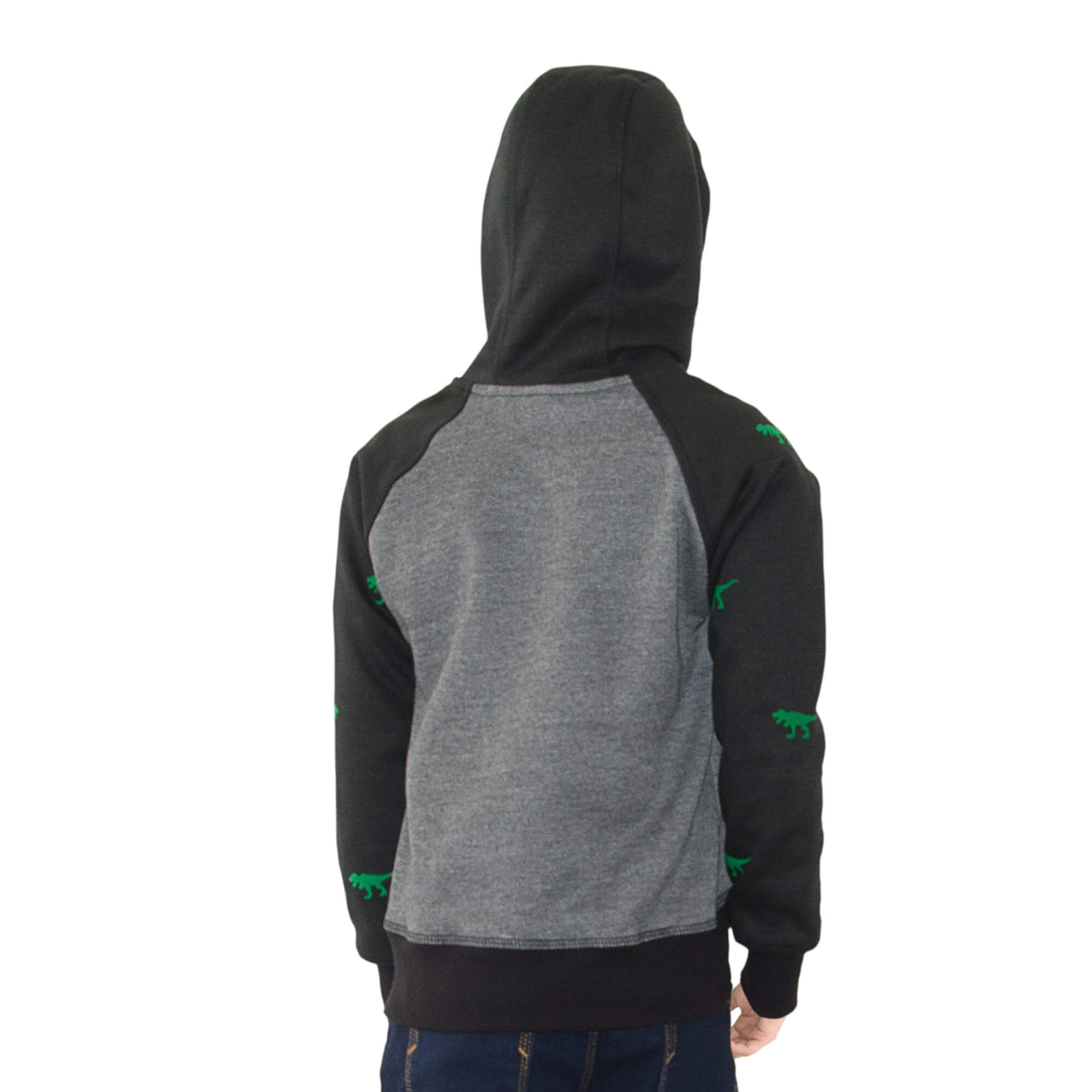 Niño de espalda usando el buzo hoodie negro y gris estampado con  un tiranoasaurio rex