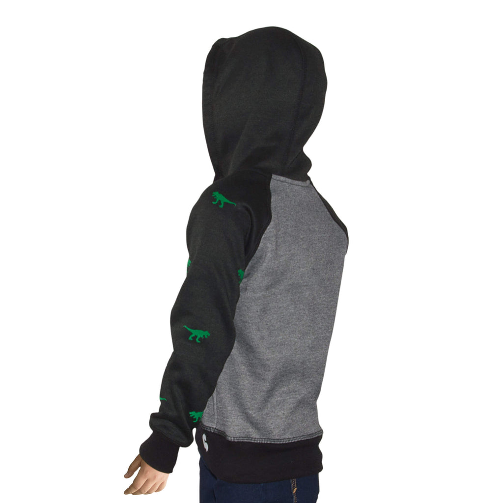Niño de espalda usando el buzo hoodie negro y gris estampado con  un tiranoasaurio rex