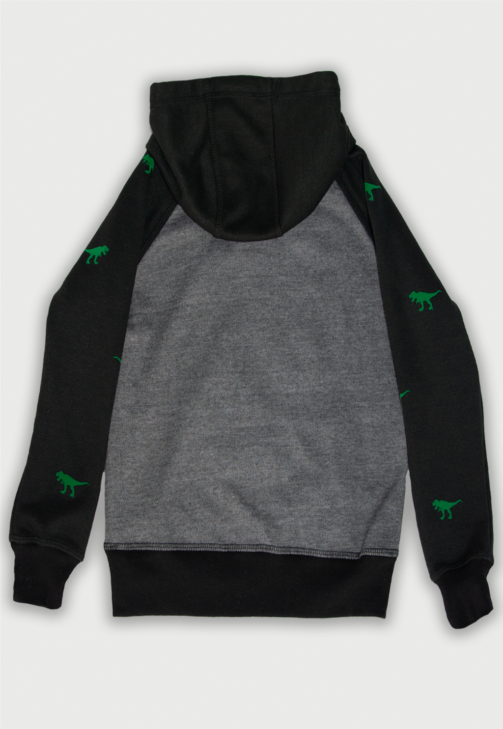 Buzo hoodie negro y gris estampado con  un tiranoasaurio rex