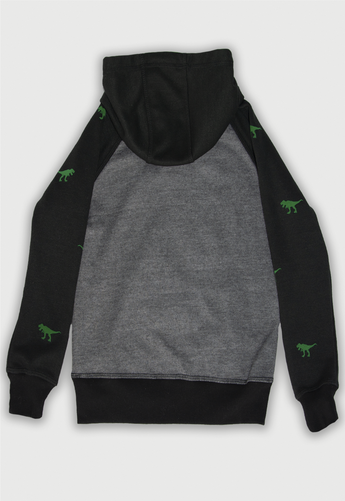 Buzo hoodie negro y gris estampado con  un tiranoasaurio rex