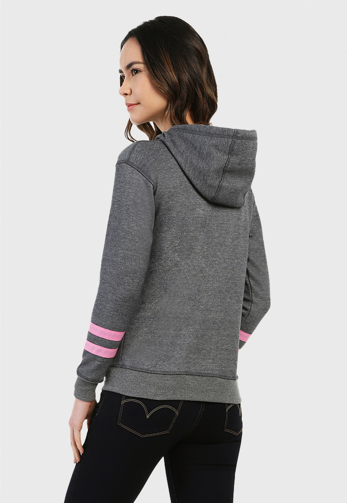 Buzo Hoodie para Mujer Gris con franjas rosa | Zorro Blanco