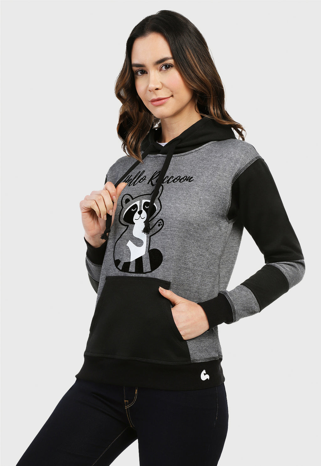 Buzo Hoodie para Mujer Gris y Negro en algodón perchado | Mapache