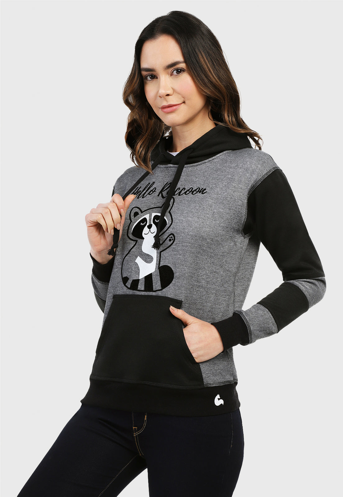 Buzo Hoodie para Mujer Gris y Negro en algodón perchado | Mapache