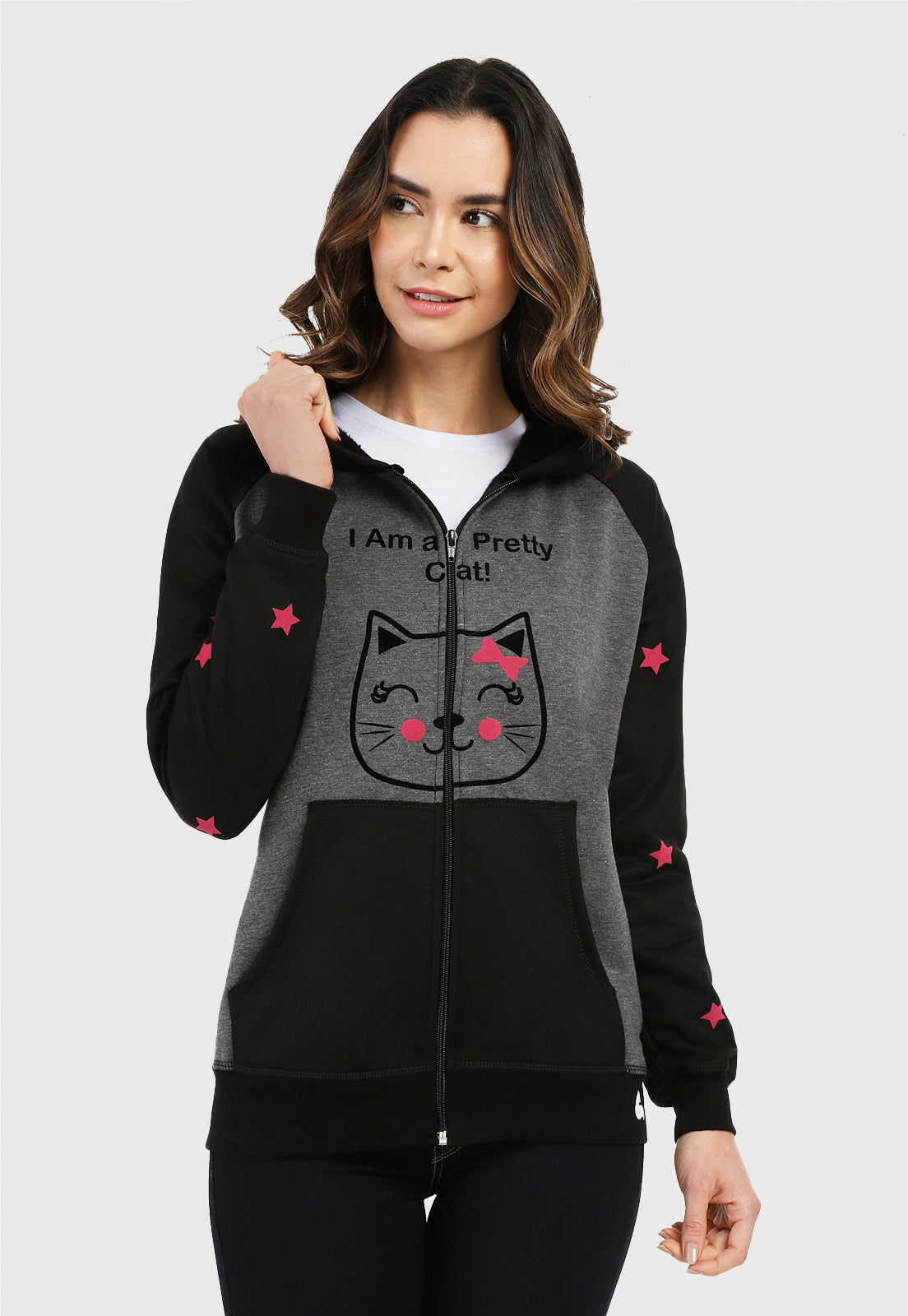 Chaqueta Hoodie para Mujer | Gris y Negra | Gata Pretty Cat