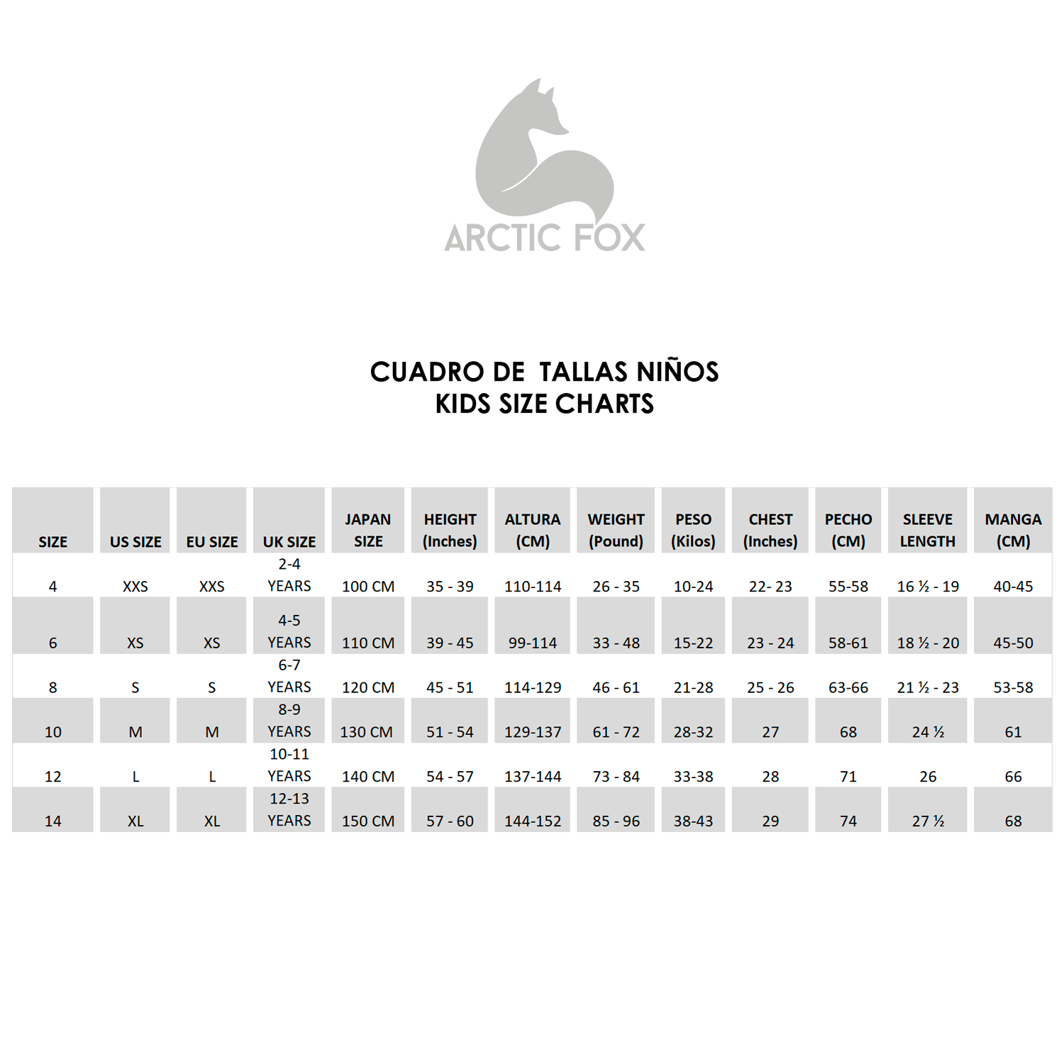 Tabla guía para las tallas de niño Arctic Fox Colombia