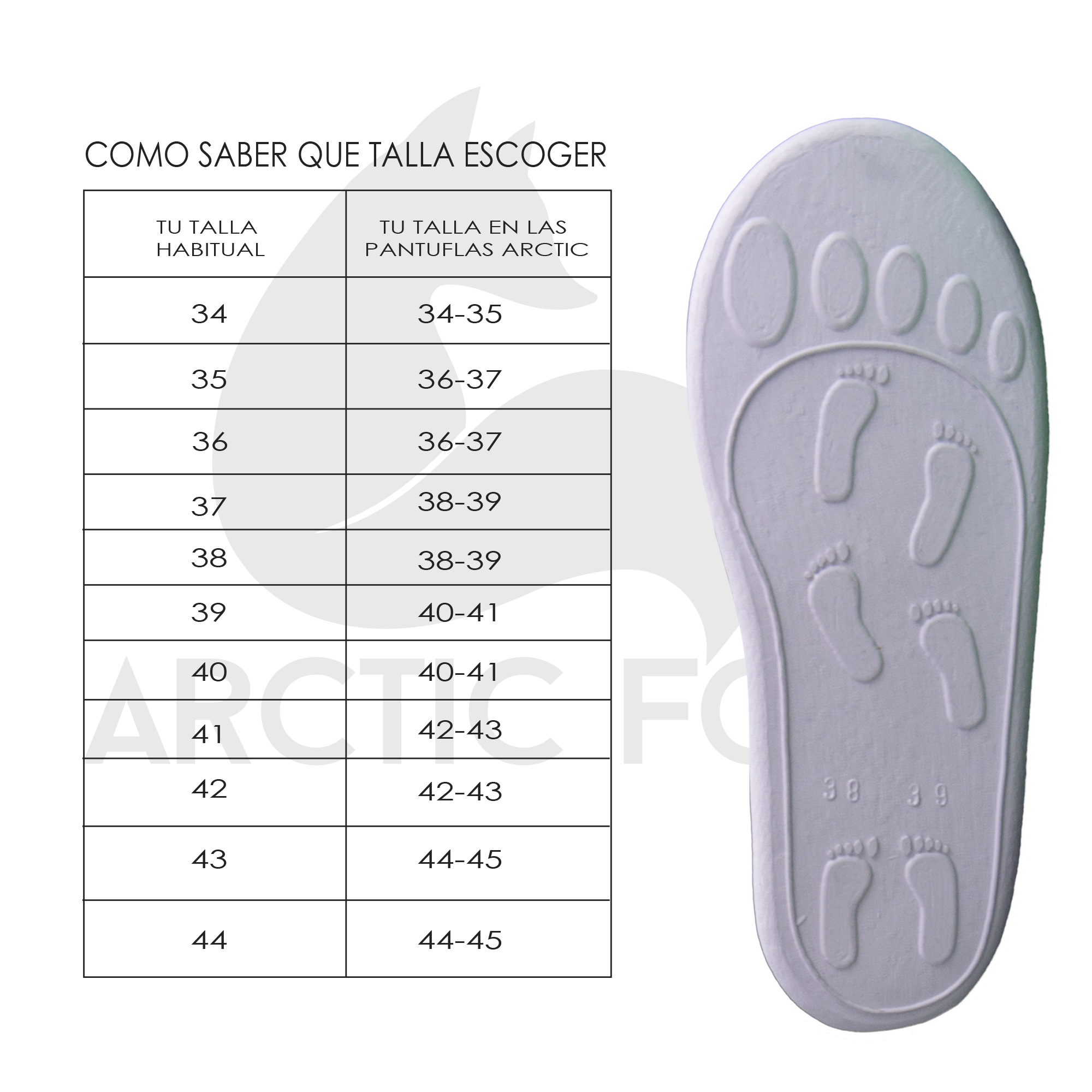 cuadro de tallas pantuflas arctic fox 