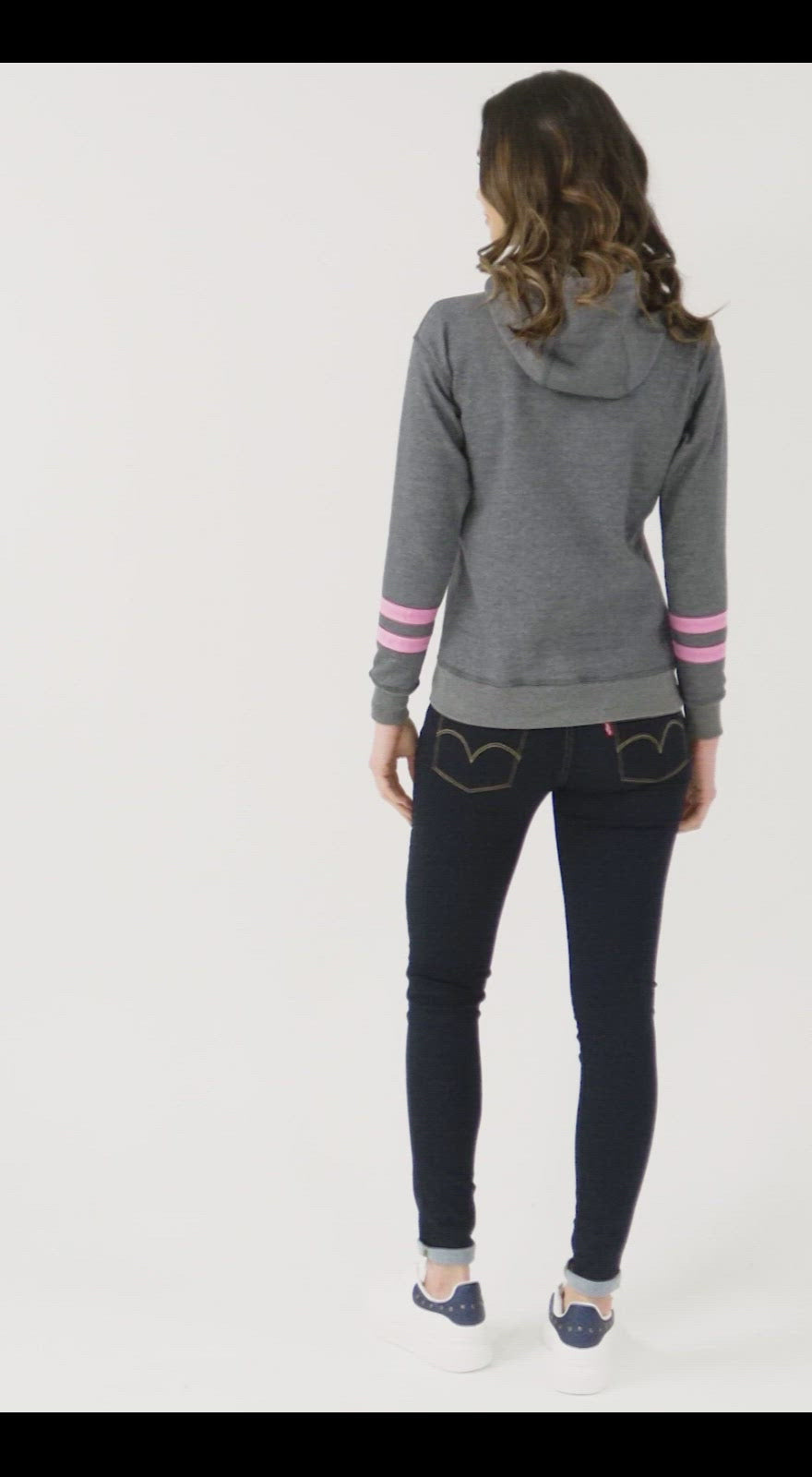 Buzo Hoodie para Mujer Gris con franjas rosa | Zorro Blanco