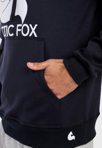 Detalle en bolsillos de Hombre adulto vistiendo la sudadera para hombre conjunto buzo azul con pantalón de sudadera gris jaspe Arctic Fox.
