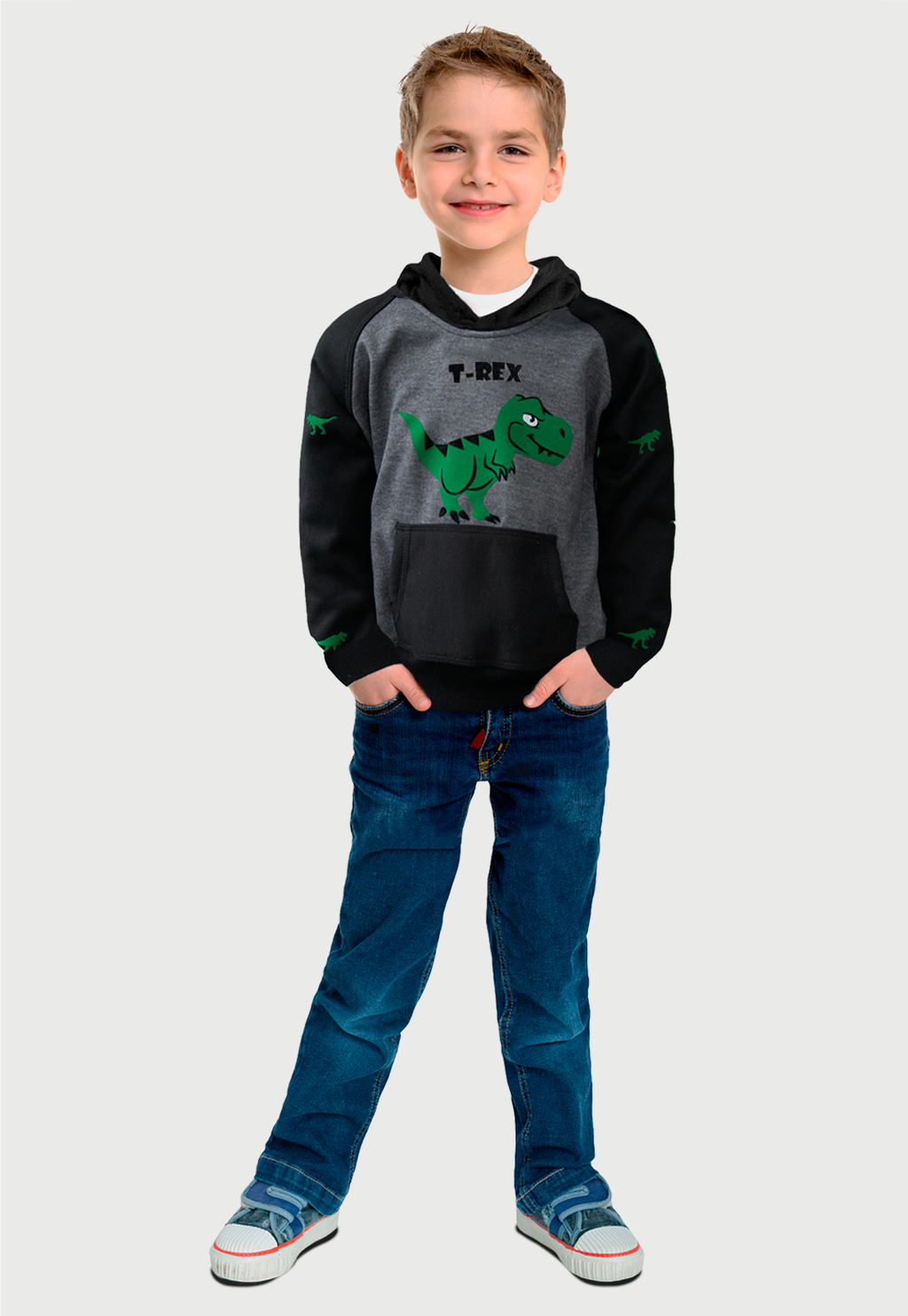 niño usando el buzo hoodie negro y gris estampado con  un tiranoasaurio rex