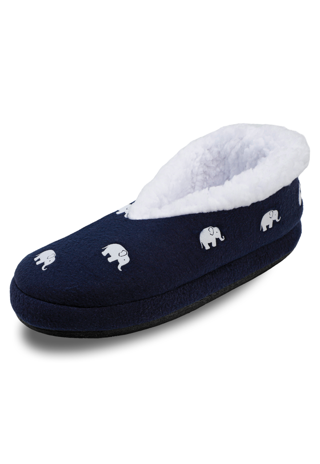 vista ddiagonal de las lindas pantuflas azules de elefantes de arctic fox