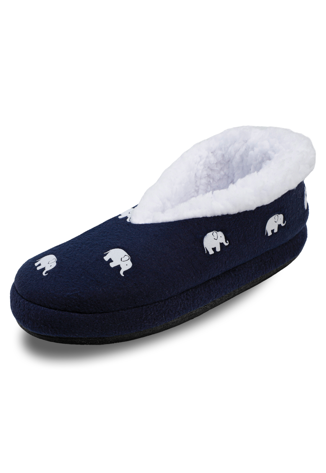 vista ddiagonal de las lindas pantuflas azules de elefantes de arctic fox