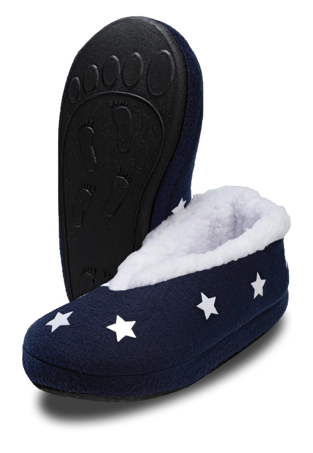 vista frontal de pantuflas azules con estampado de estrelllas 