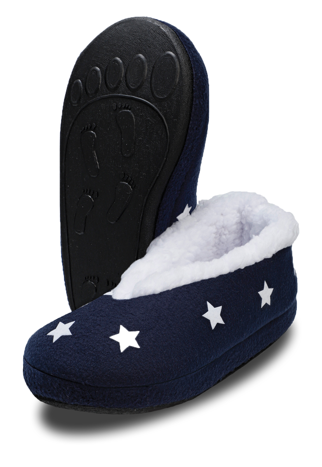 vista frontal de pantuflas azules con estampado de estrelllas 