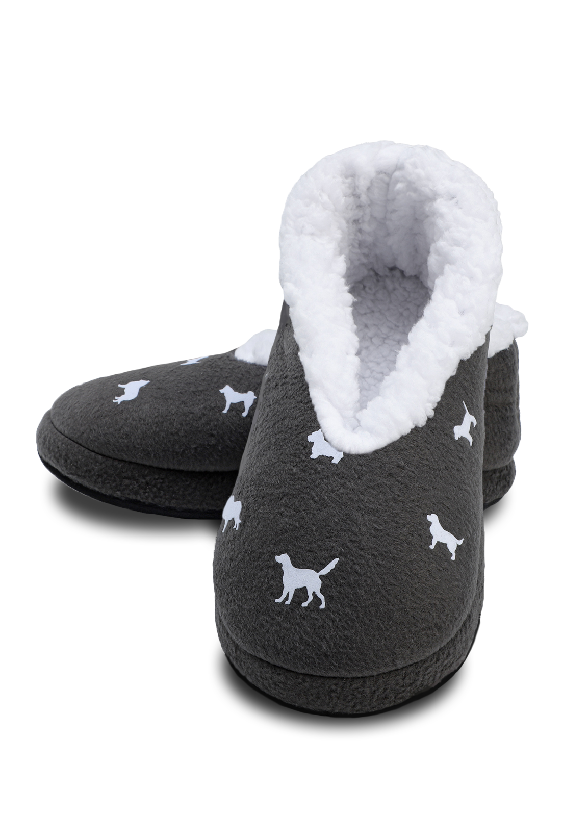 unas pantuflas vista frontal de siluetas de perritos con peluche blanco en el interior