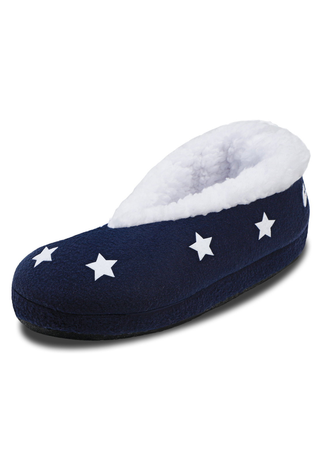 vista lateral de pantuflas azules con peluche en el interior estampadas de estrellas