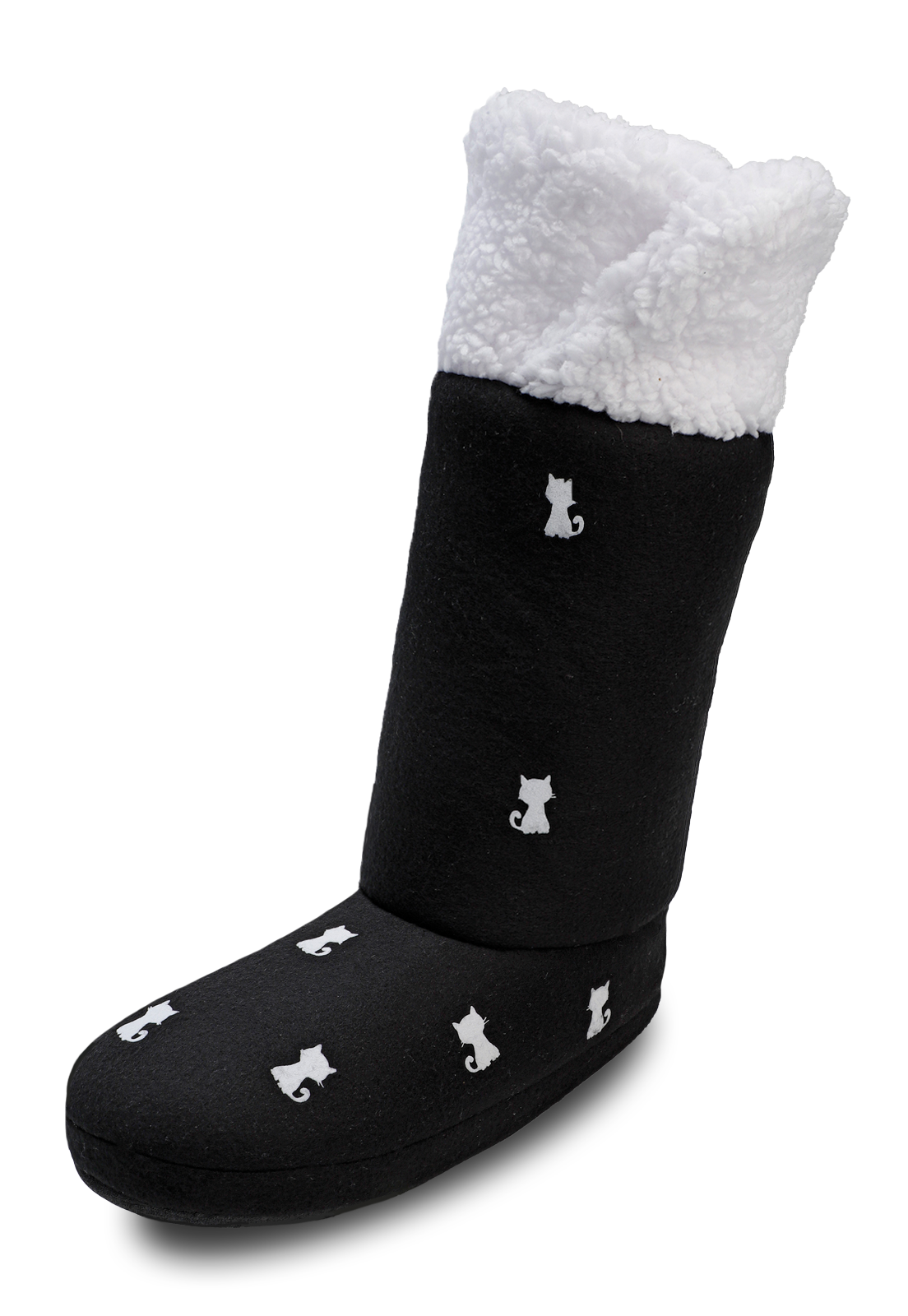 botas pantuflas con suela de caucho de color negro con gatitos blancos estampados