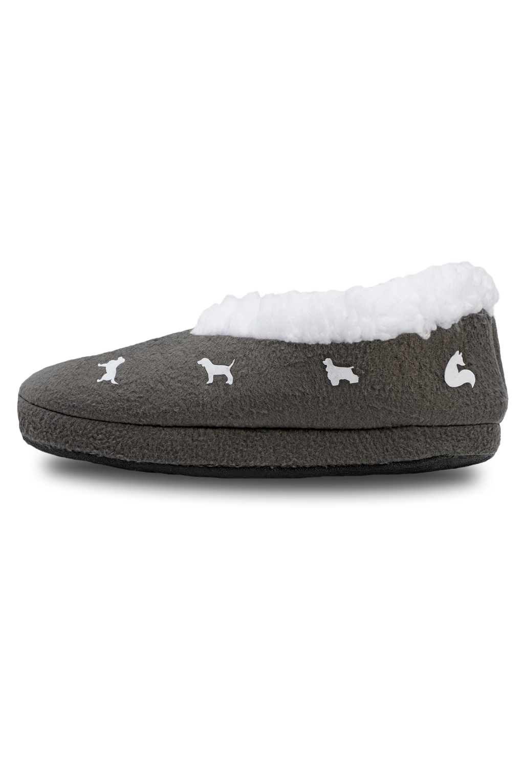 vista de lado de las pantuflas grises de perritos blancos 