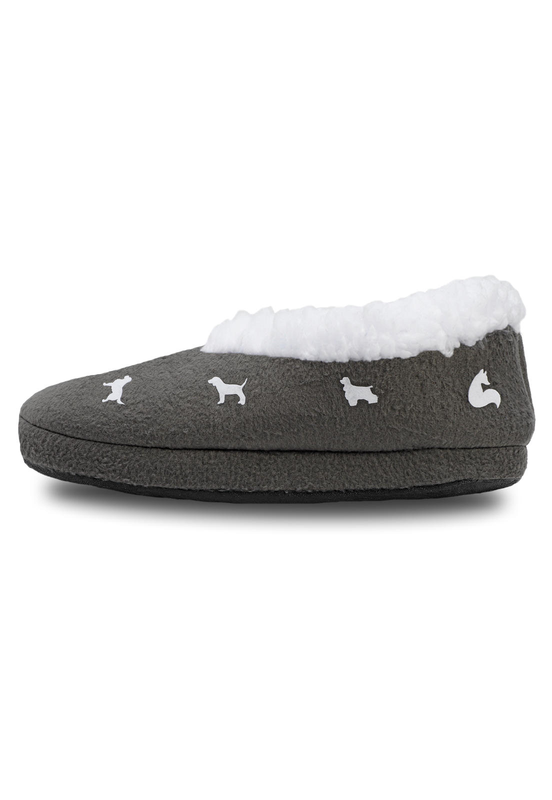 vista de lado de las pantuflas grises de perritos blancos 