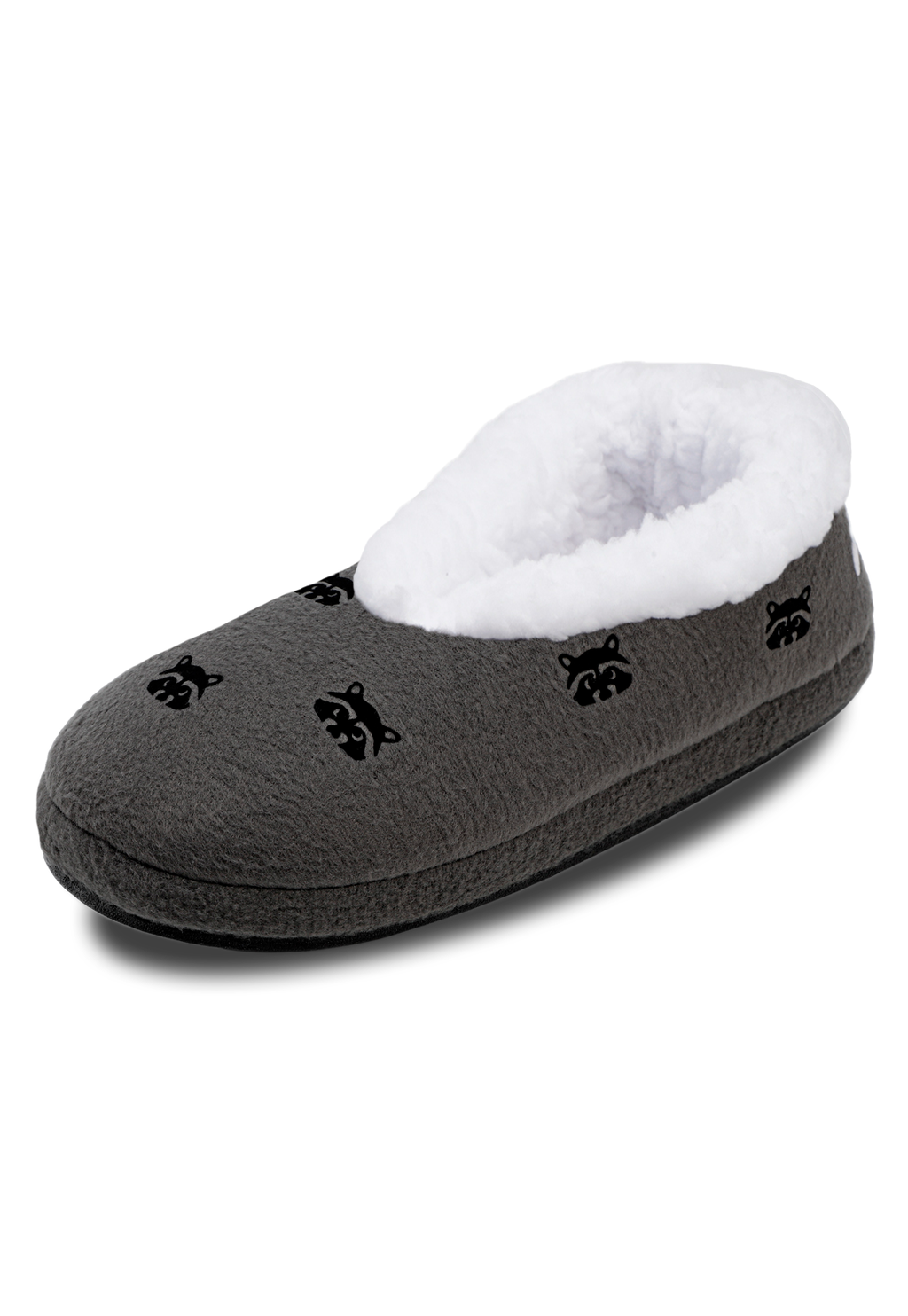 vista lateral de pantuflas gris con mapaches