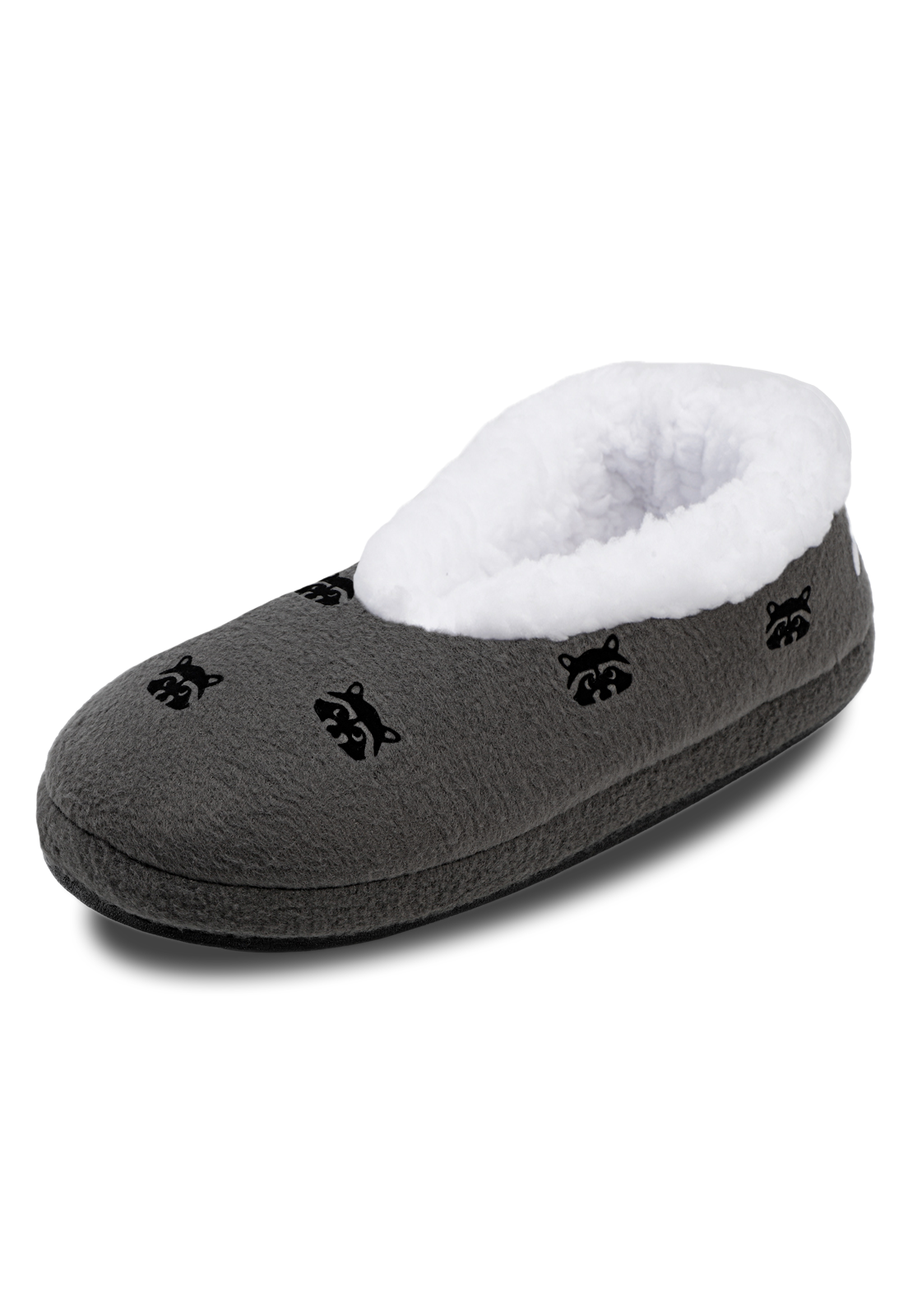vista lateral de pantuflas gris con mapaches