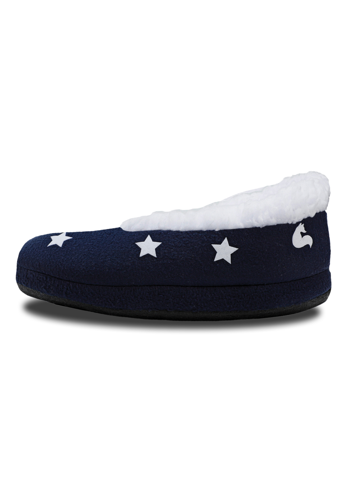 vista de lado pantuflas azules con peluche suela de cuacho y estampadas de estrellas