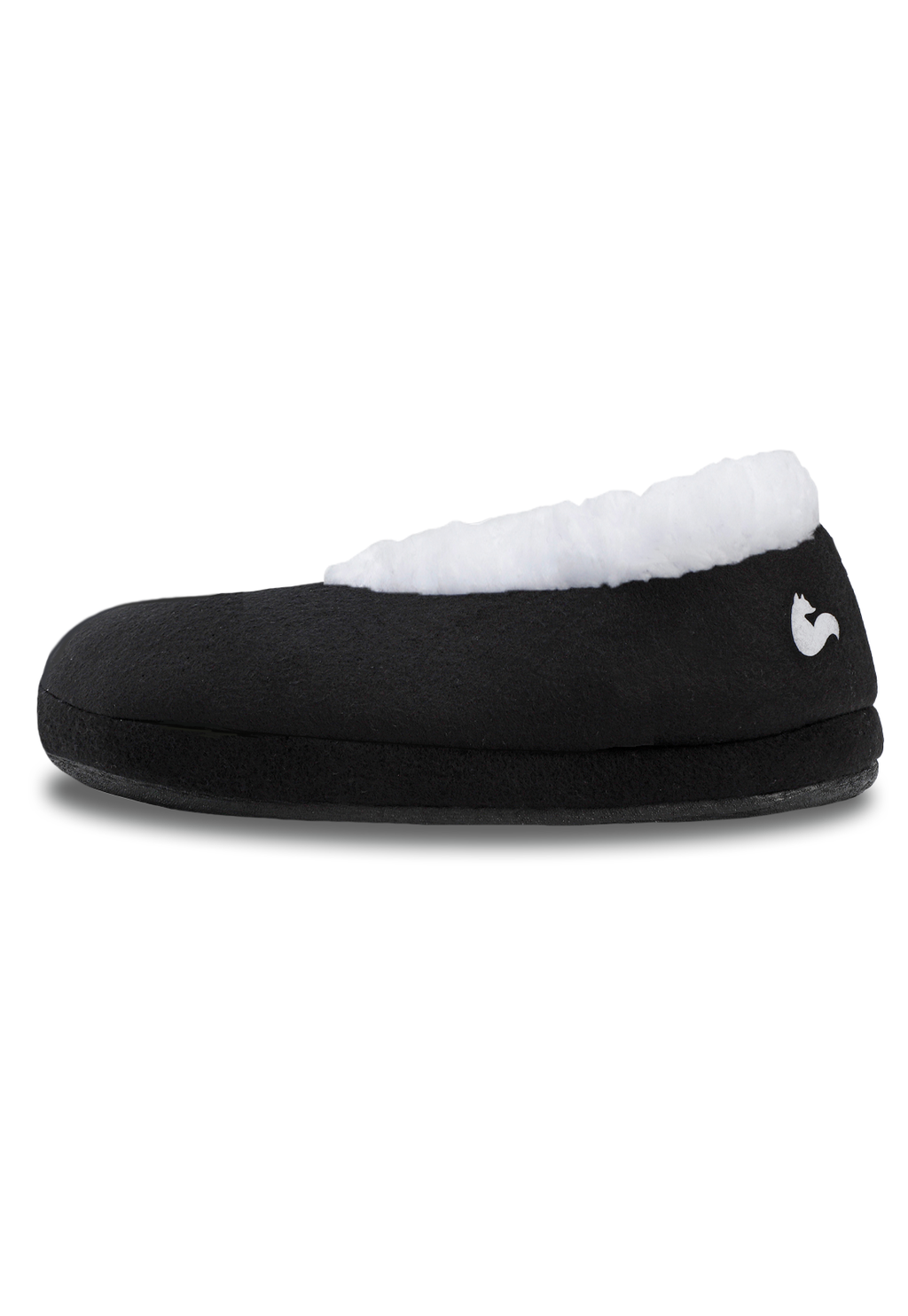 vista de lado de las pantuflas negras con suela de caucho y peluche de arctic fox