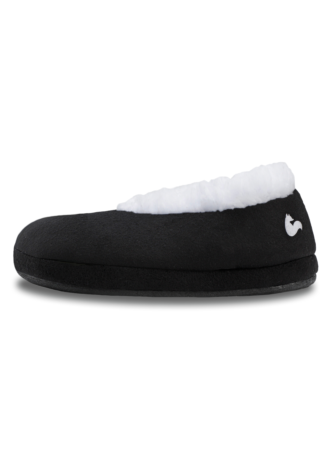 vista de lado de las pantuflas negras con suela de caucho y peluche de arctic fox