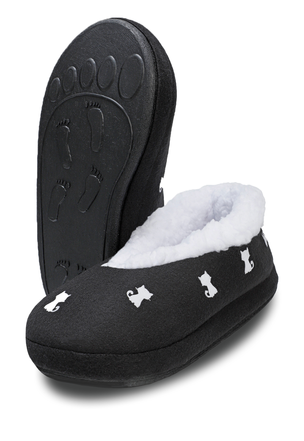 pantuflas negras con gatitos blancos forradas en suave peluche tienen suela de caucho