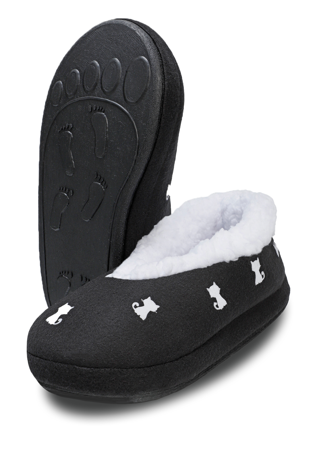 pantuflas negras con gatitos blancos forradas en suave peluche tienen suela de caucho