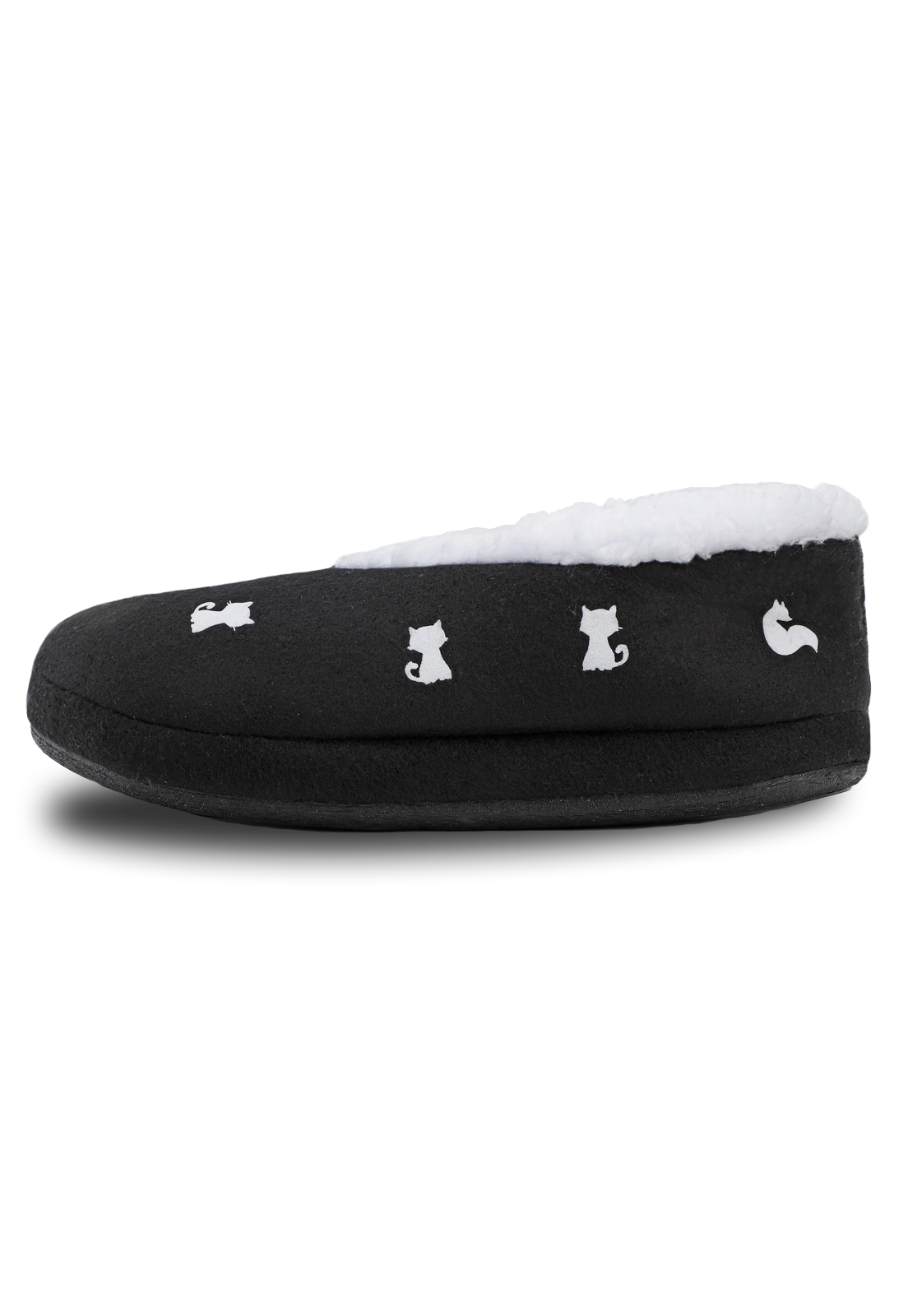 vista lateral de pantuflas negras con siluetas de gatitos blancos 