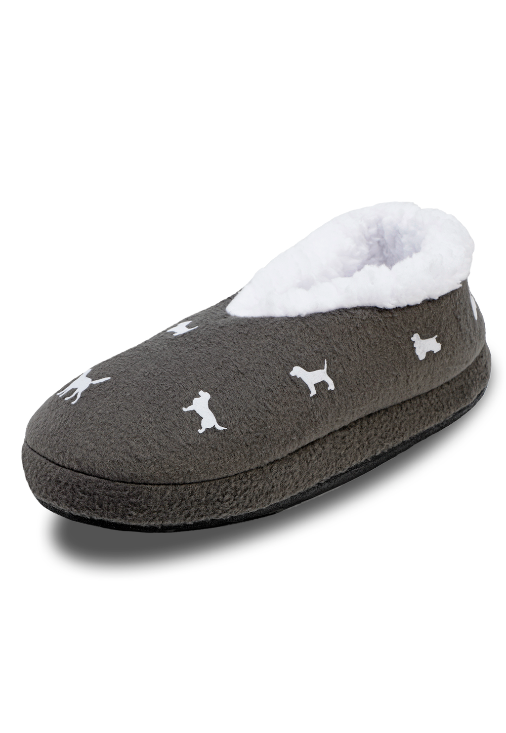 vista lateral de las pantuflas grises de perritos blancos con peluche en el interior suave