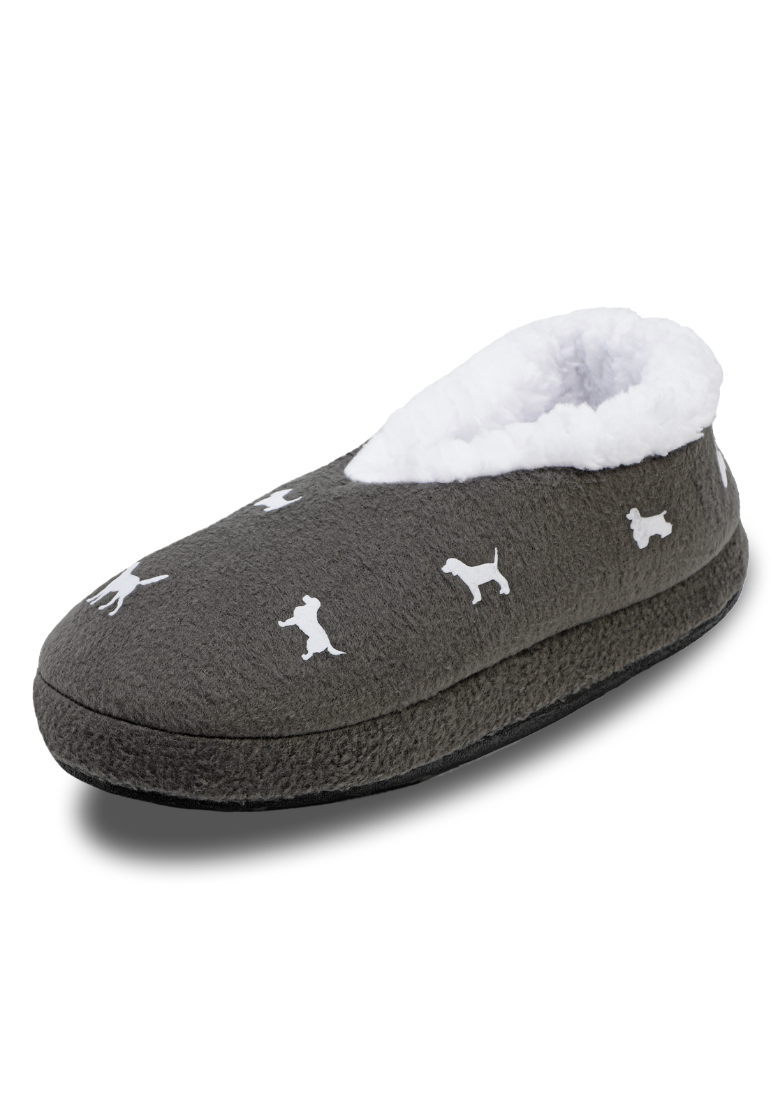 vista lateral de las pantuflas grises de perritos blancos con peluche en el interior suave