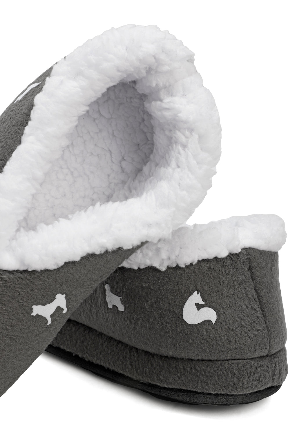 vista trasera de las pantuflas grises de perritos
