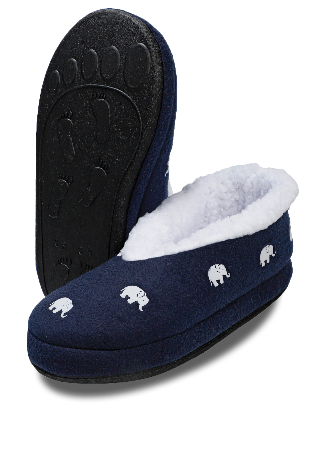 lindas pantuflas azules con elefantes, suela de caucho y suave peluche en su interior