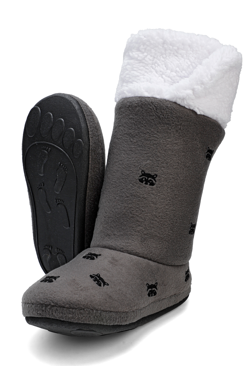pantuflas botas calentadoras con suelas de caucho  color gris obscuro estampada con mapaches de terciopelo
